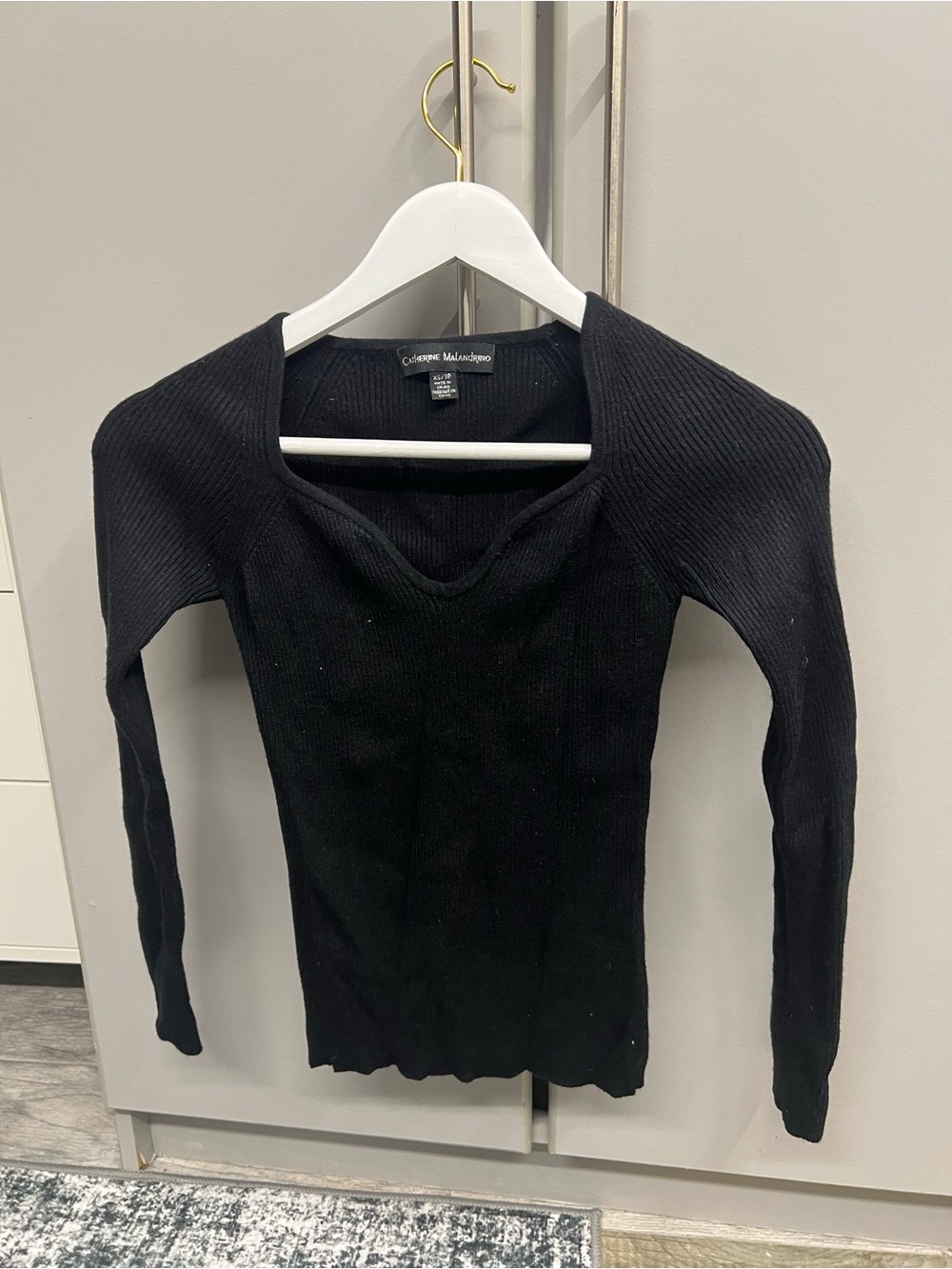 Catherine Malandrino Black Ribbed Square-Neck Long Sleeve Top